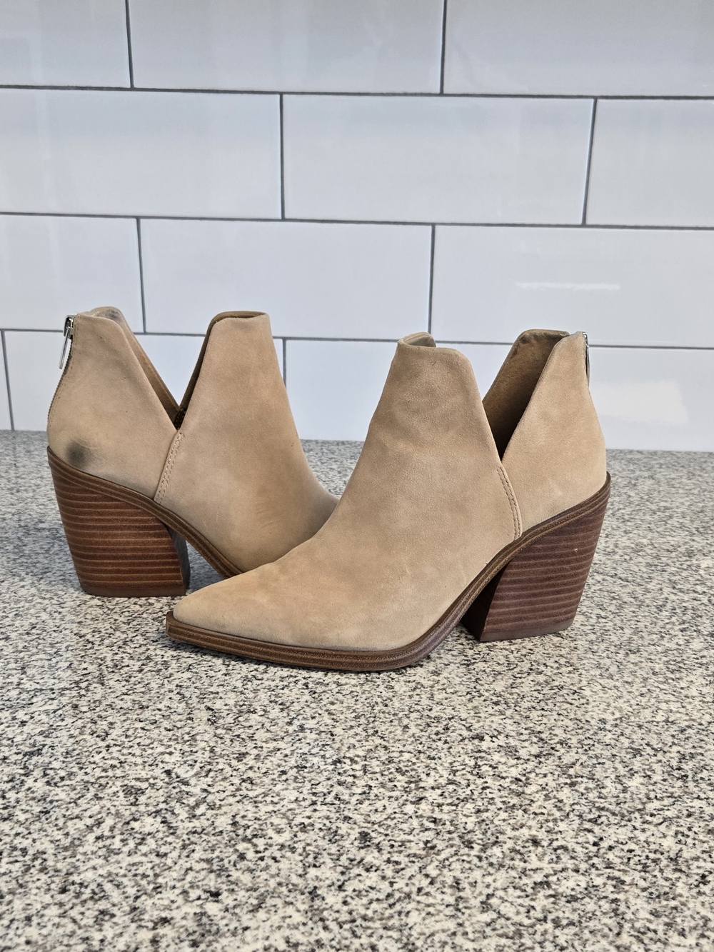 Vince Camuto Beige Suede Pointed Ankle Booties